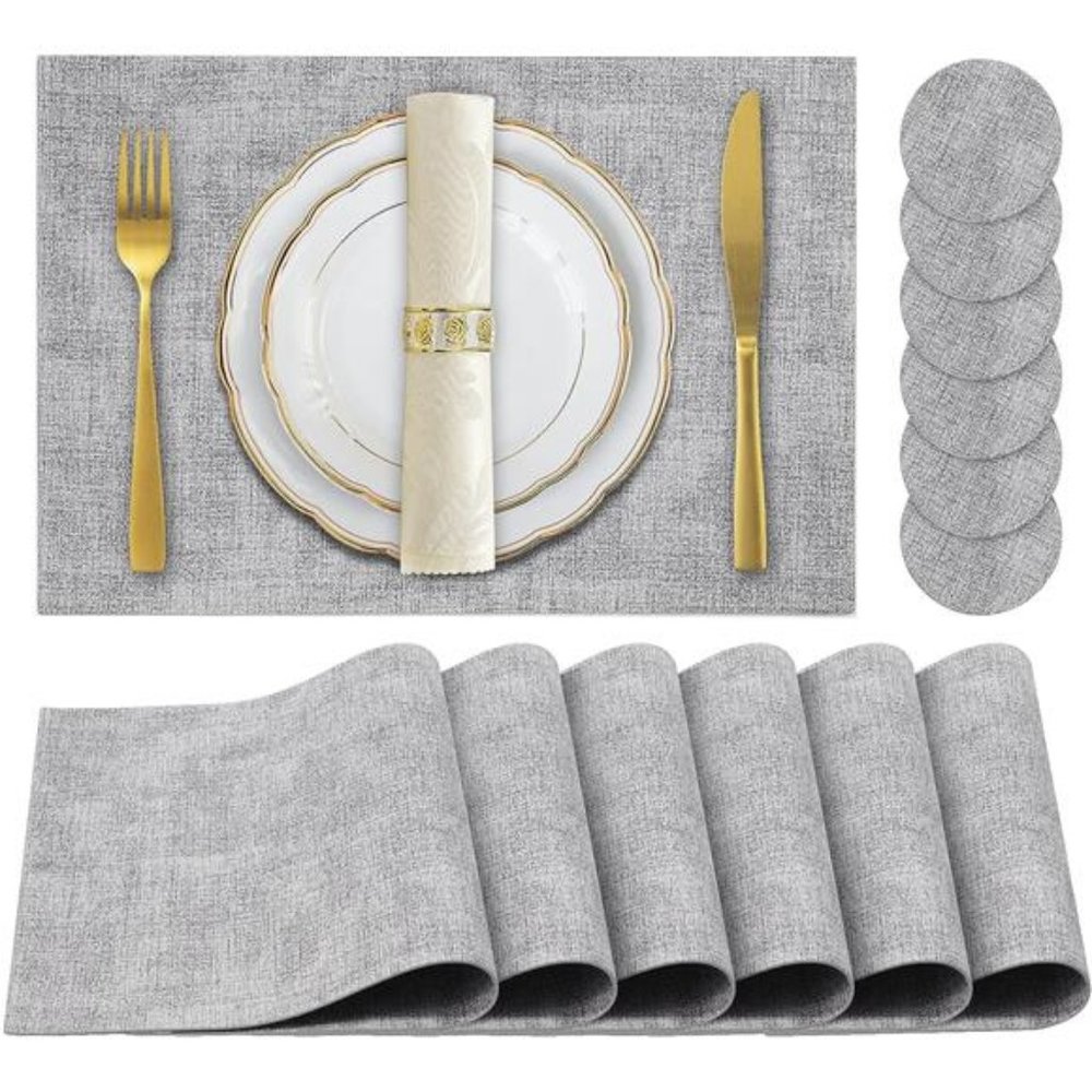 Faux Leather Placemats Set of 6 Heat Resistant Non-Slip Place Mats(Light Grey)